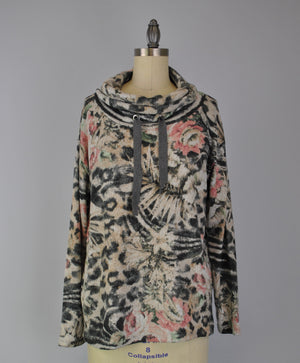 Cowl Neck Drawstring Sweater-like Top - Grey Floral