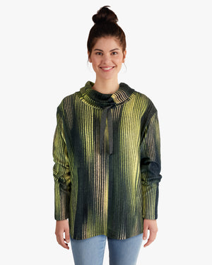 Cowl Neck Drawstring Sweater-like Top - Vertical Stripe (D24445)
