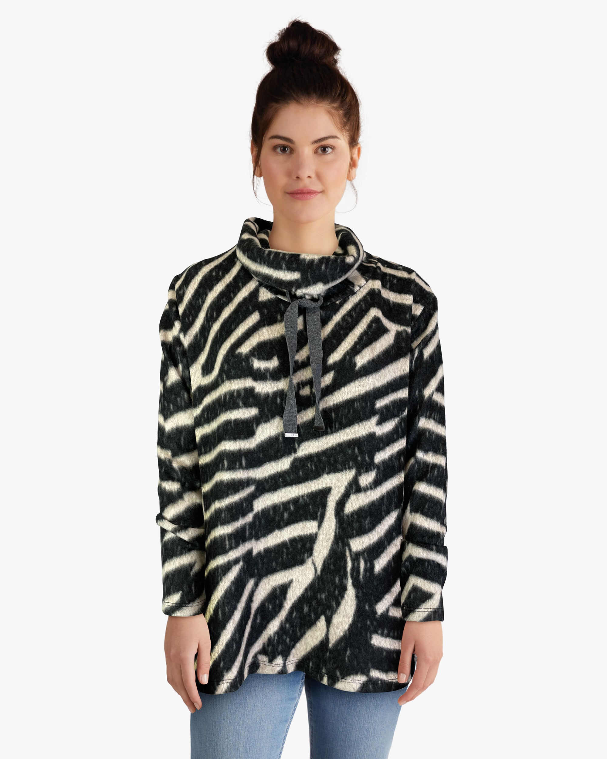 Cowl Neck Drawstring Sweater-like Yummy Top - Black & Sand (D24445)