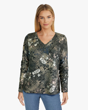 Sweater-like V Neck Print Top - Flower (D24556Y)