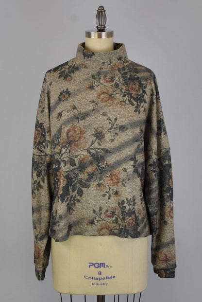 Mock Neck Sweater-like Top - Flowers & Batik