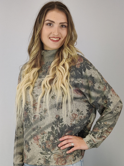 Mock Neck Sweater-like Top - Flowers & Batik