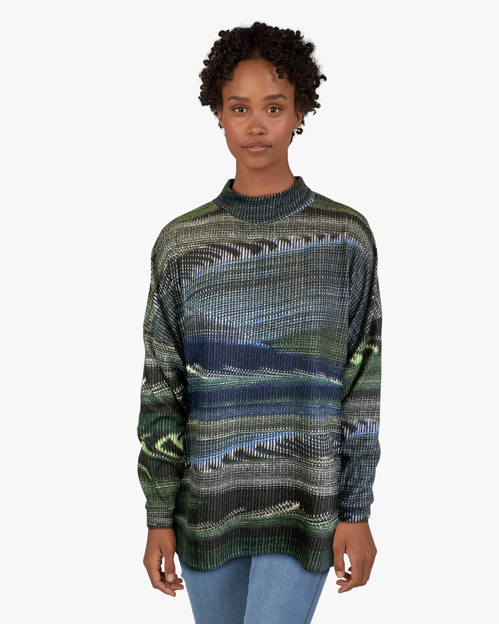 Mock Neck Sweater-like Top - Blue Green Stripe D24671