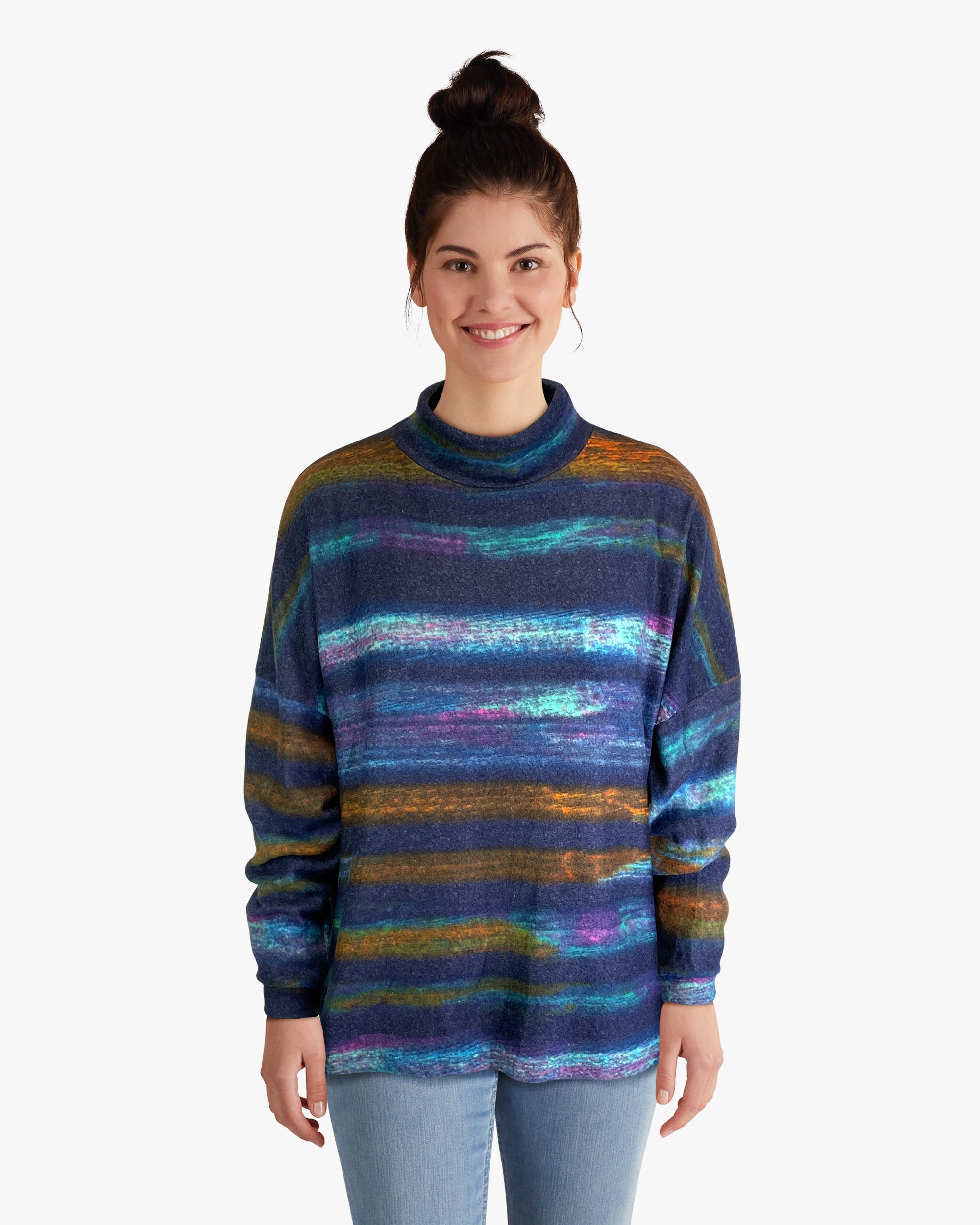 Mock Neck Sweater-like Top - Blue Pink Stripe D24671