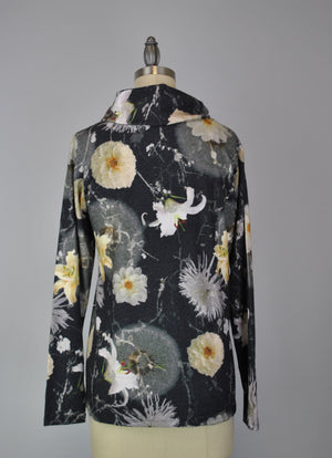 Sweater-like Cowl Neck Mock Tie- Black Grey Flower (D25713A)