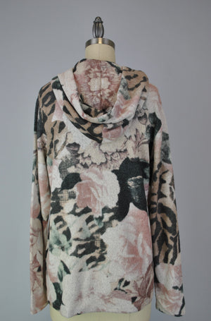 Hooded Print Sweater-like Top - Floral (D25777)