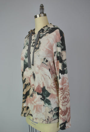 Hooded Print Sweater-like Top - Floral (D25777)