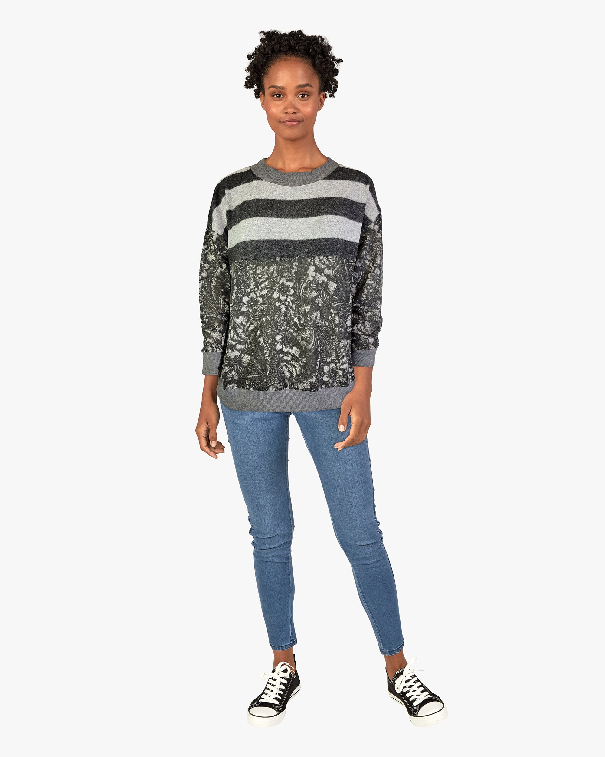 Sweater-like Print Top - Dark Grey Stripe Flower (D90101)