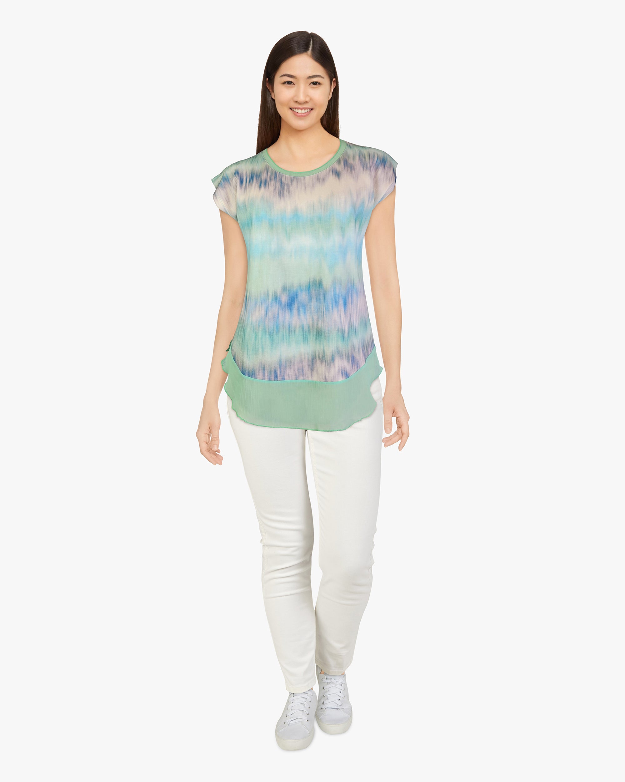 Knit Printed Top with Chiffon Hem - Watercolor S/S (DC190305)