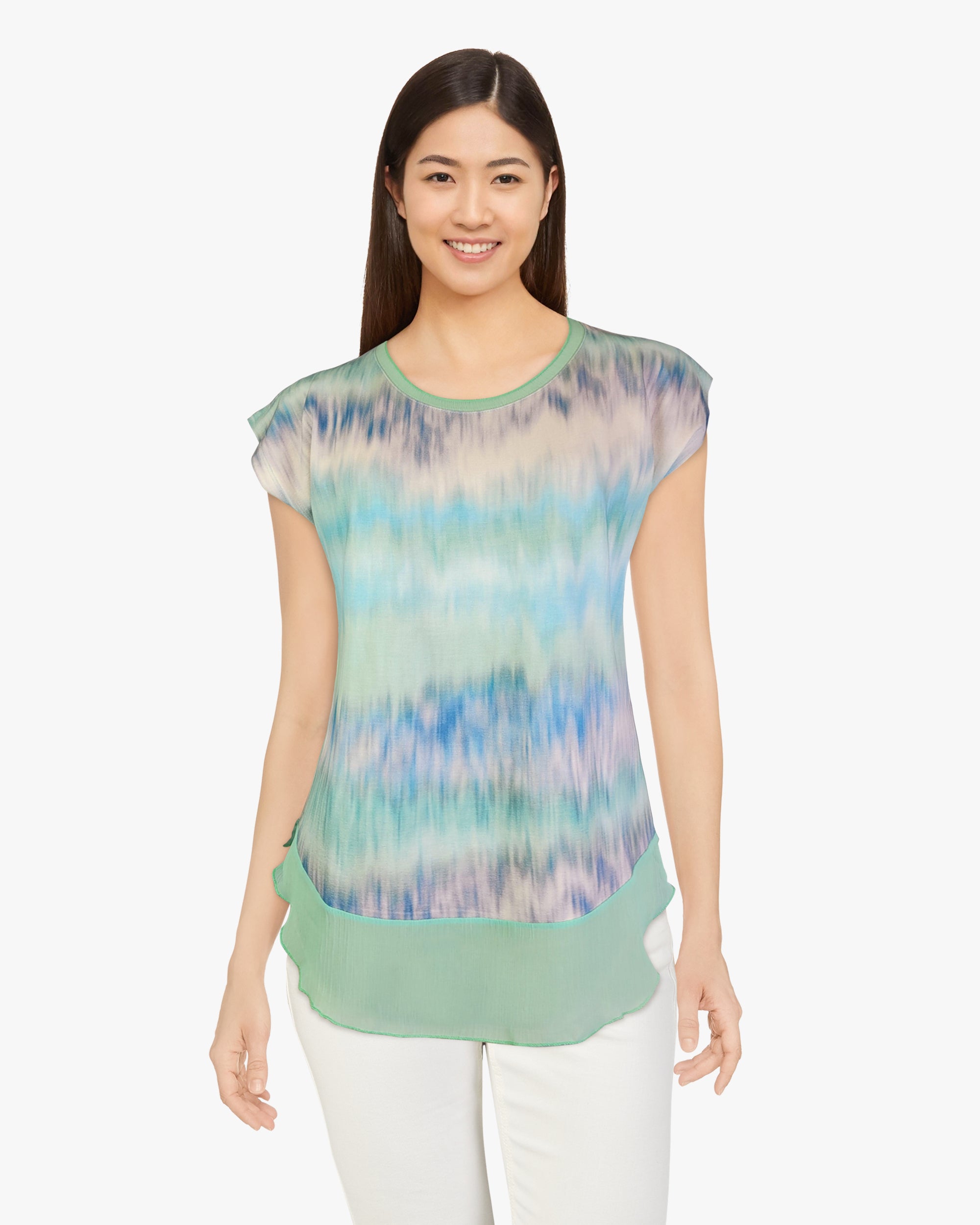 Knit Printed Top with Chiffon Hem - Watercolor S/S (DC190305)